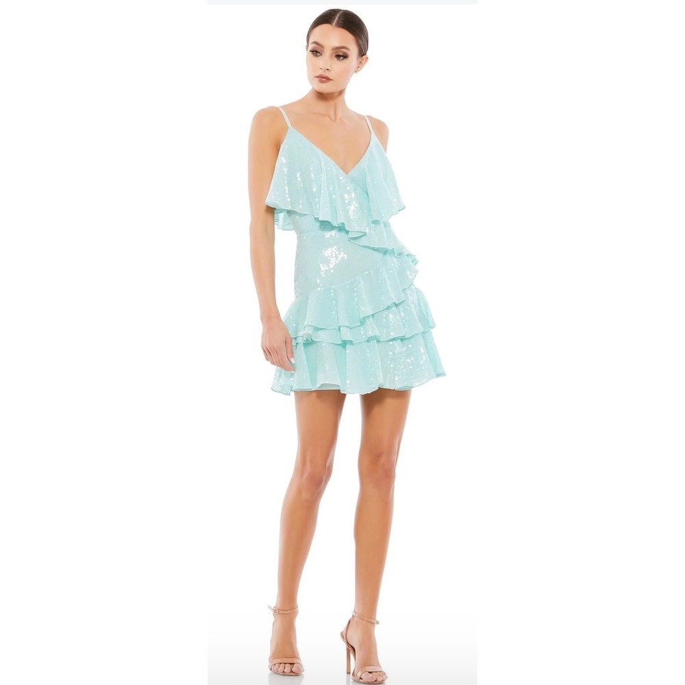 Mac Duggal 10569 Mint Green Sequin Ruffle Mini Dress Womens Size 0 Cocktail